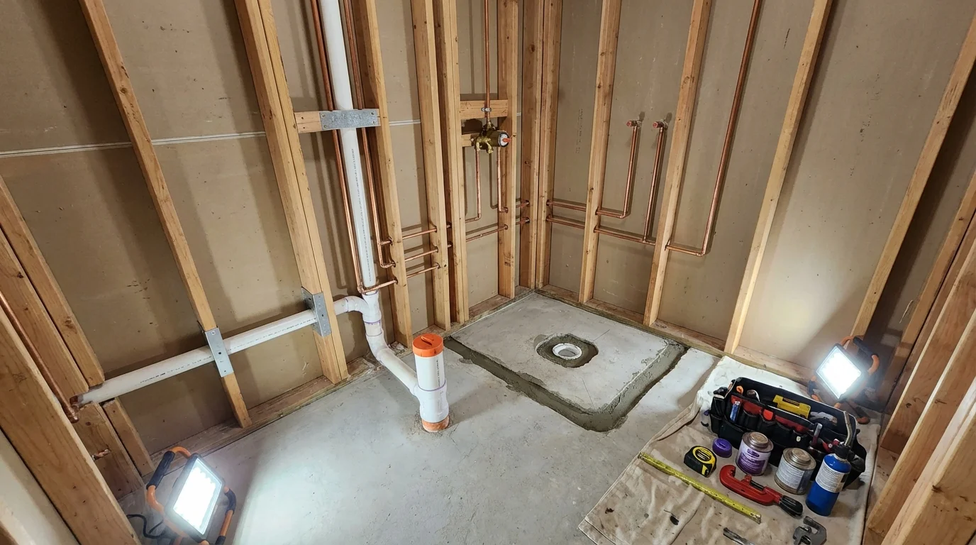 Bathroom rough-in plumbing during remodel by Johns Plumbing LLC in Guntersville