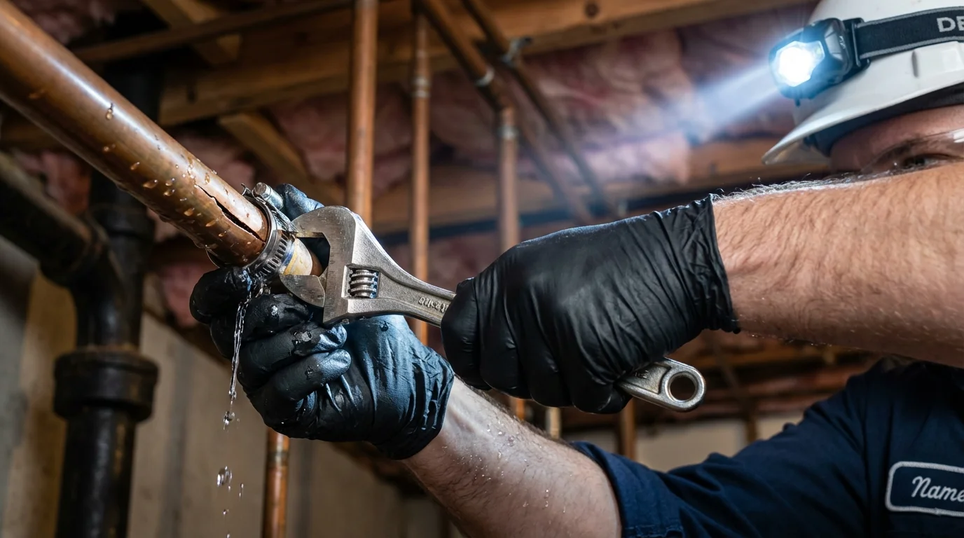 Emergency pipe clamp repair being performed by a Johns Plumbing LLC plumber in Guntersville