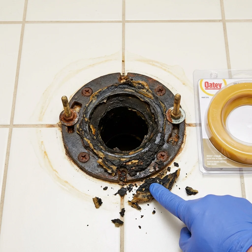 Failed wax ring showing water seepage at the base of a toilet in a Guntersville, AL home