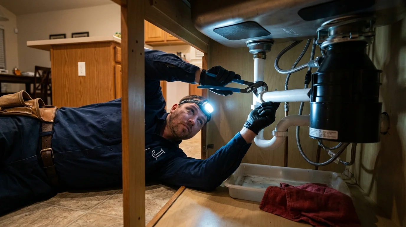P-trap and supply line connections under a kitchen sink showing a common leak point in Guntersville, AL